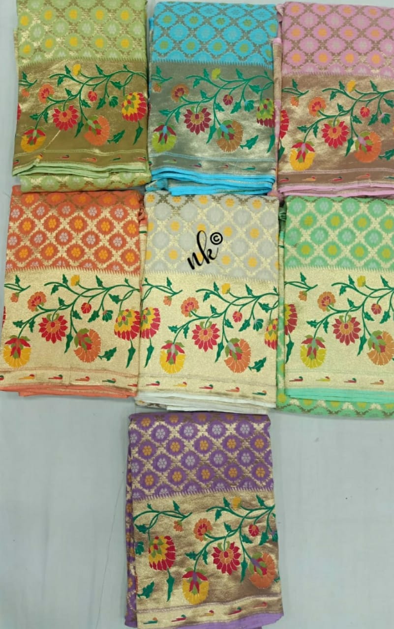 Floral weaving Meenakari gorgette saree - Saffronfashionindia