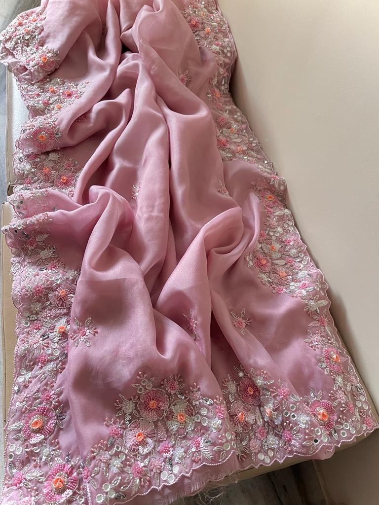 Shamsha organza embroidery saree - Saffronfashionindia