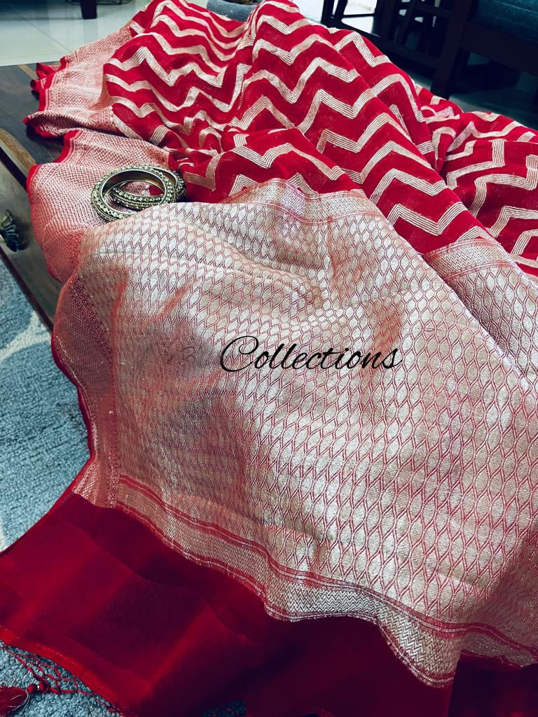 Red Banarsi bridal inspired saree - Saffronfashionindia