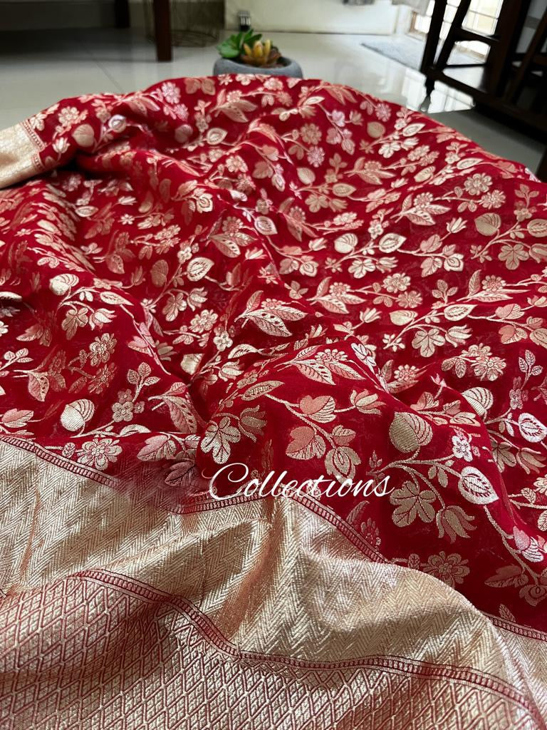 Leela red Banarsi weave saree - Saffronfashionindia