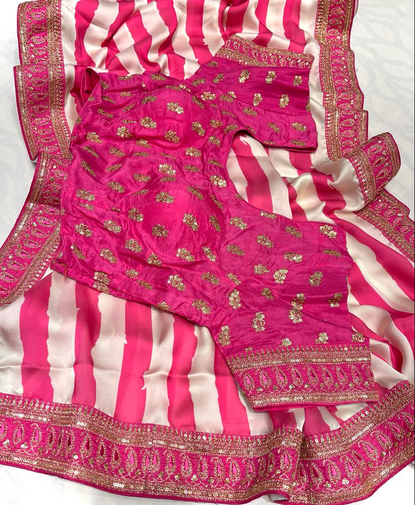 Satin striped zardosi saree - Saffronfashionindia