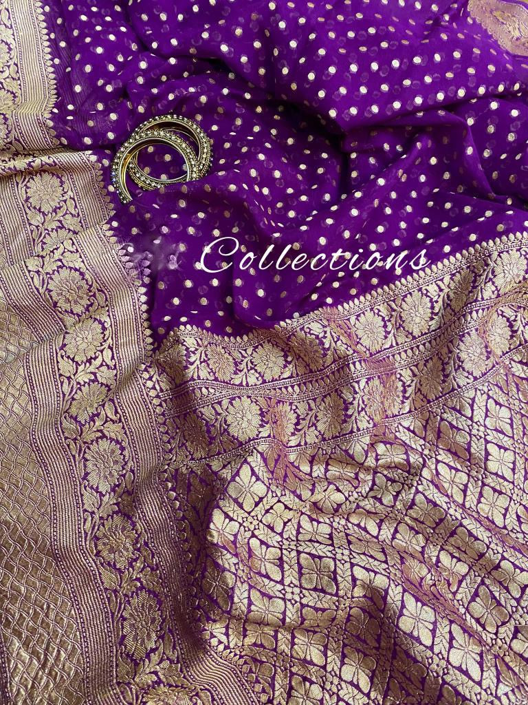 Handwoven Banarsi purple gorgette saree - Saffronfashionindia