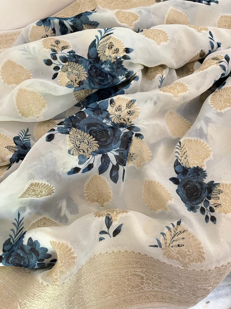 Vernia Banarsi gorgette sari Saffron fashion