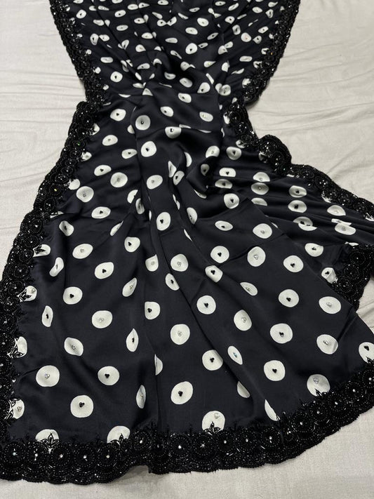 Black satin polka dot saree - Saffronfashionindia