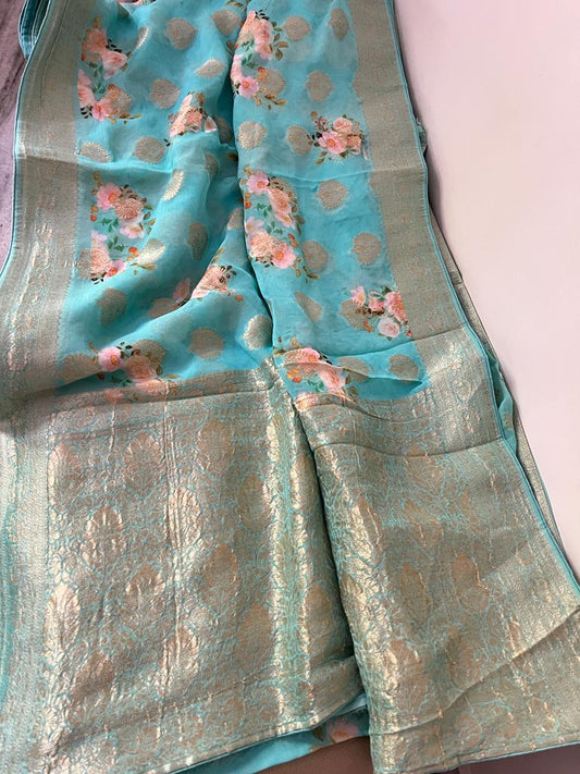 Vernia Banarsi gorgette sari Saffron fashion