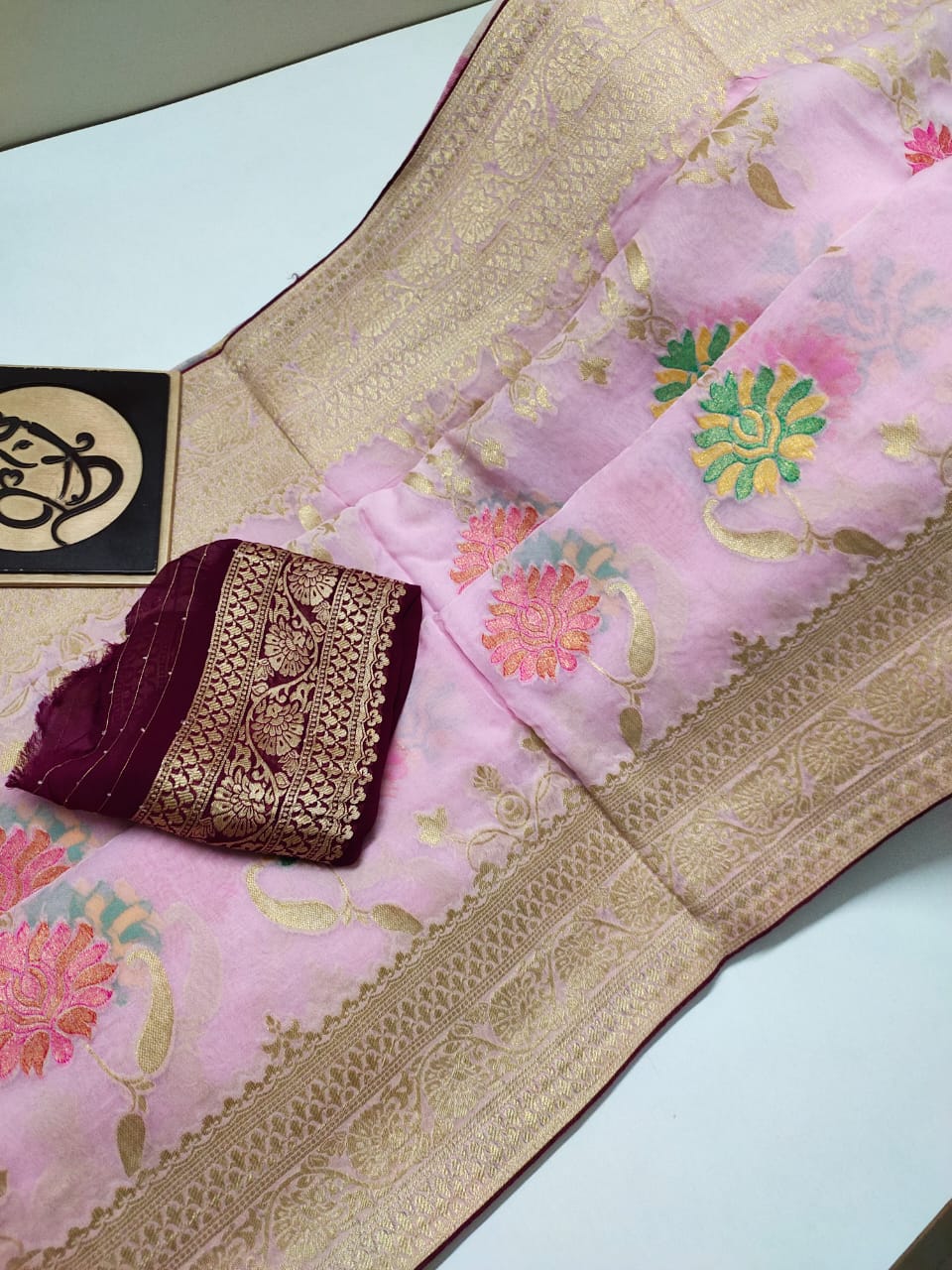 Floral banarsi gorgette saree - Saffronfashionindia