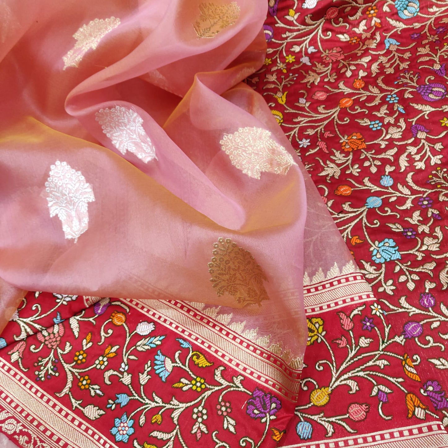 Kora silk peach handwoven saree - Saffronfashionindia