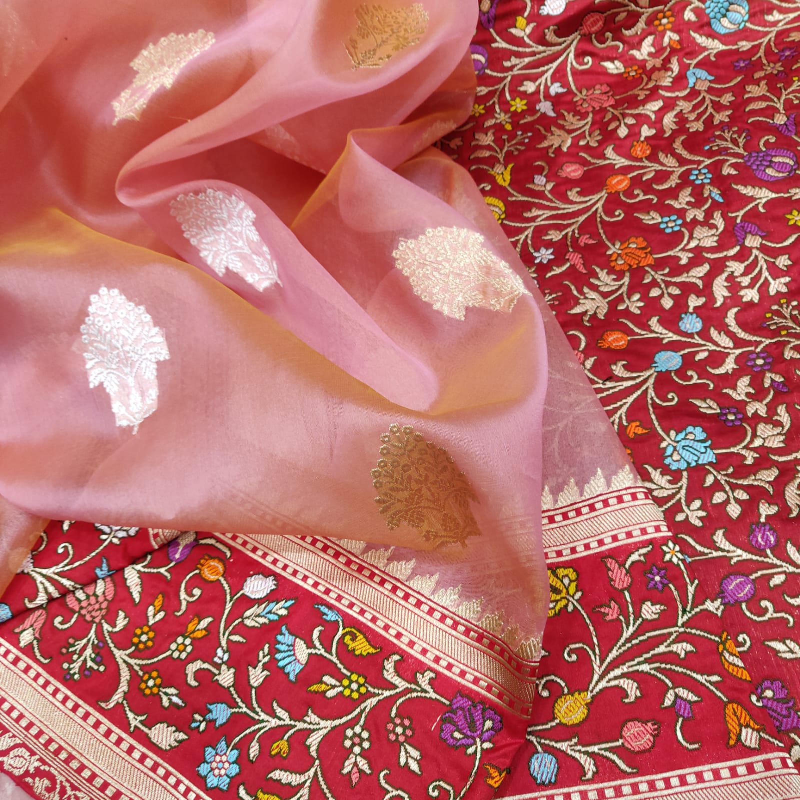 Kora silk peach handwoven saree - Saffronfashionindia