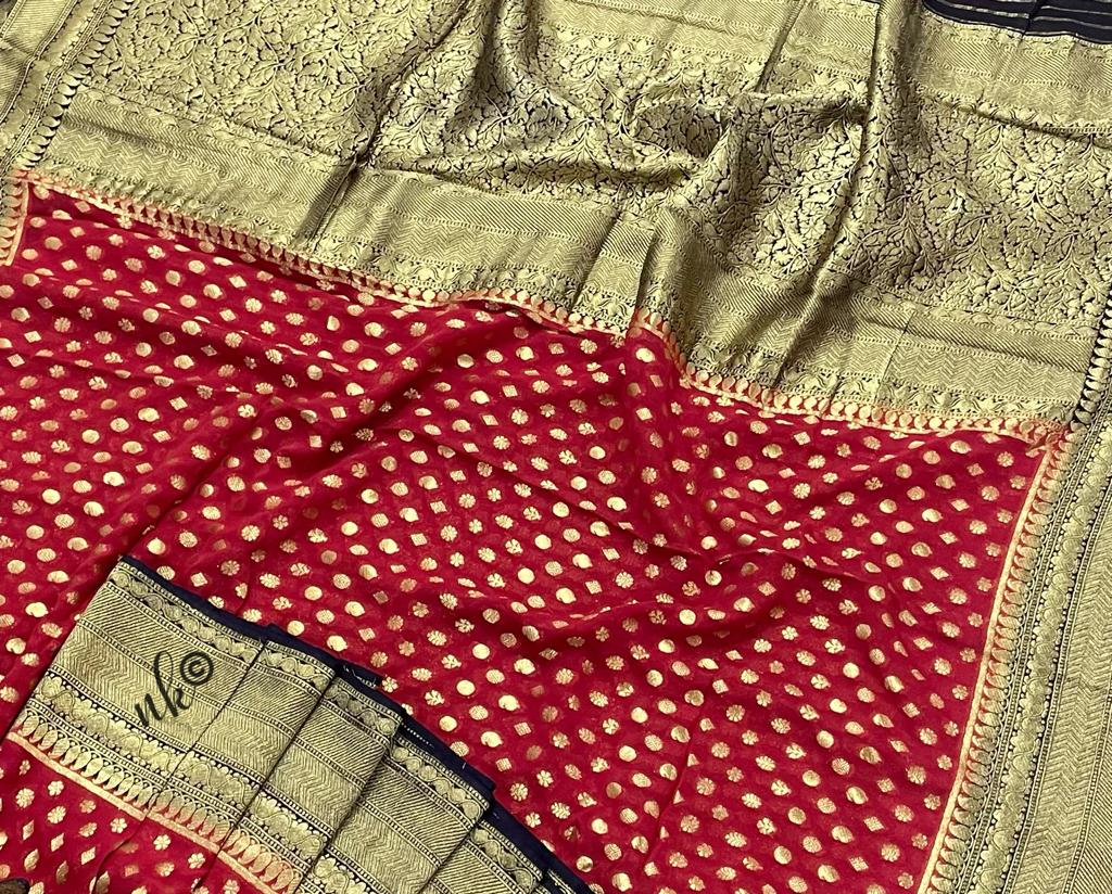 Woven banarsi gorgette saree - Saffronfashionindia