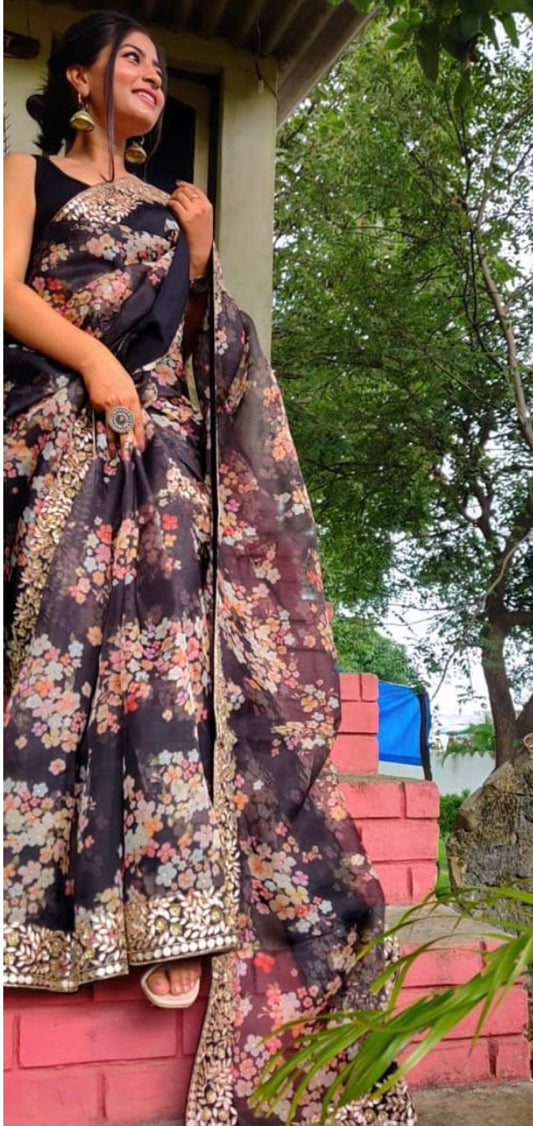 Floral organza saree party wear sarees blouse - Saffronfashionindia
