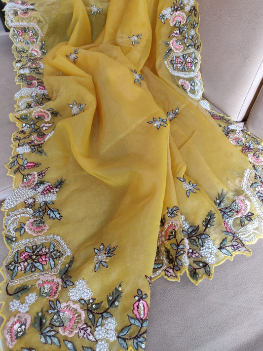 Zardosi organza saree - Saffronfashionindia