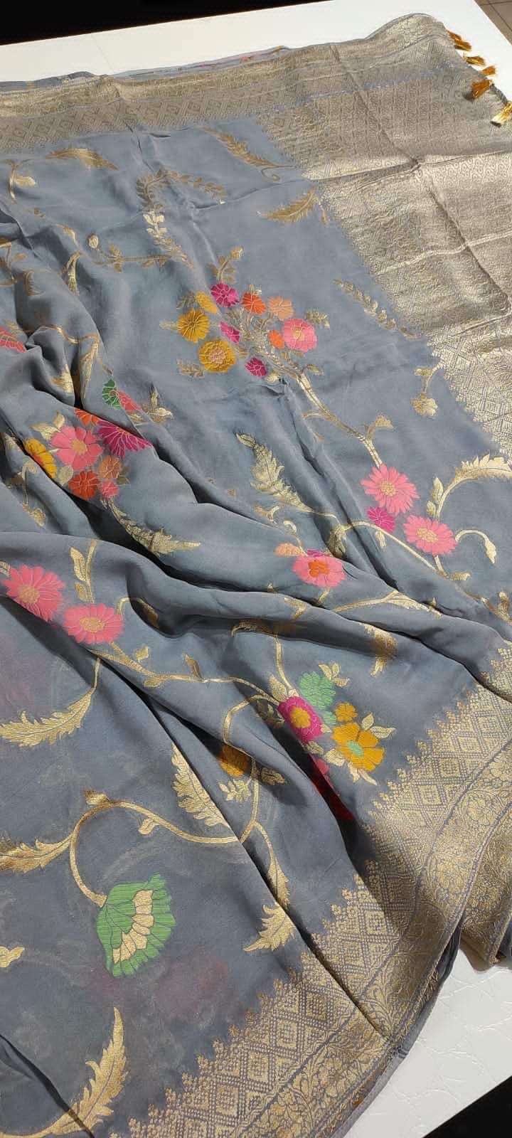 Pinashi gorgette saree - Saffronfashionindia