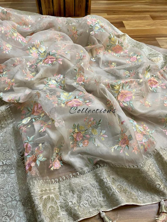 organza embroidery saree - Saffronfashionindia