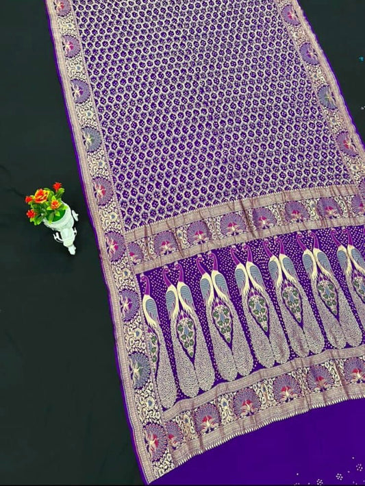 Lavender peacock bandhani saree - Saffronfashionindia