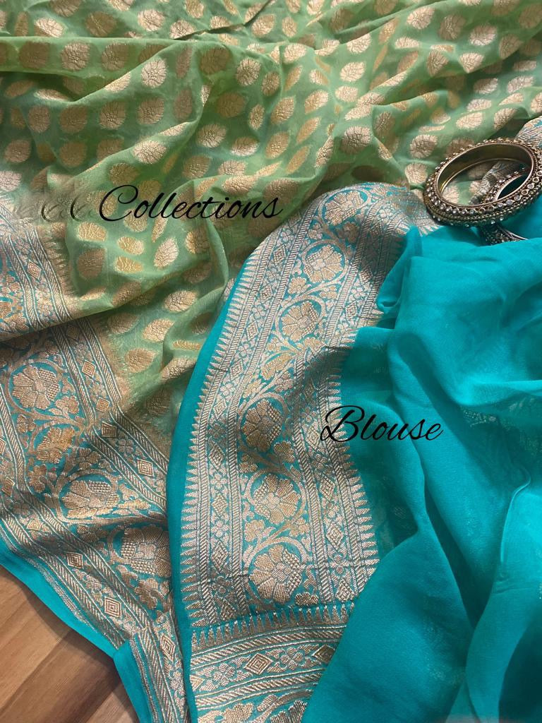 Elegant green khaddi gorgette sari - Saffronfashionindia