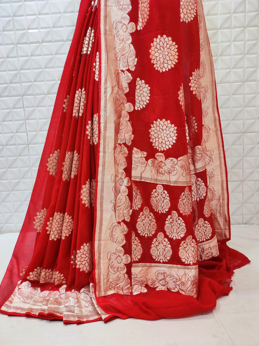 Handloom banarsi gorgette saree - Saffronfashionindia