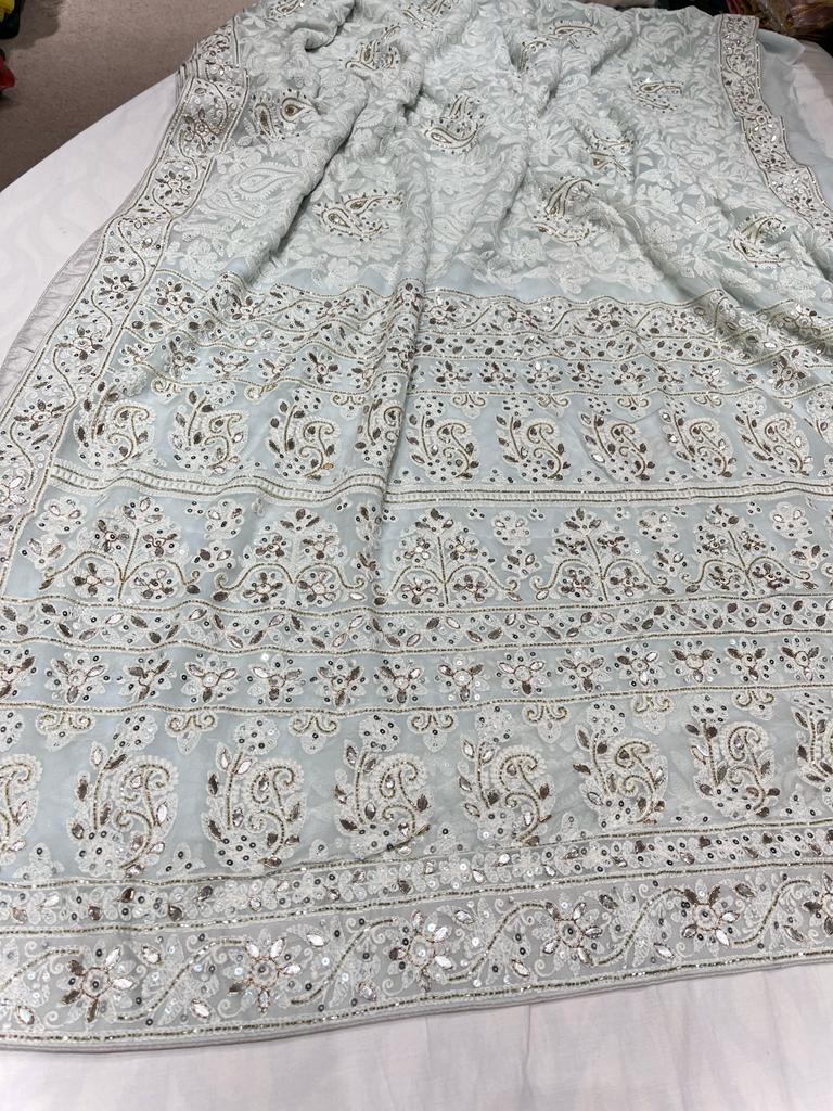 Mahira gorgette Chikankari saree - Saffronfashionindia