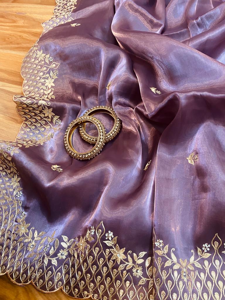 Purple tissue silk sari - Saffronfashionindia