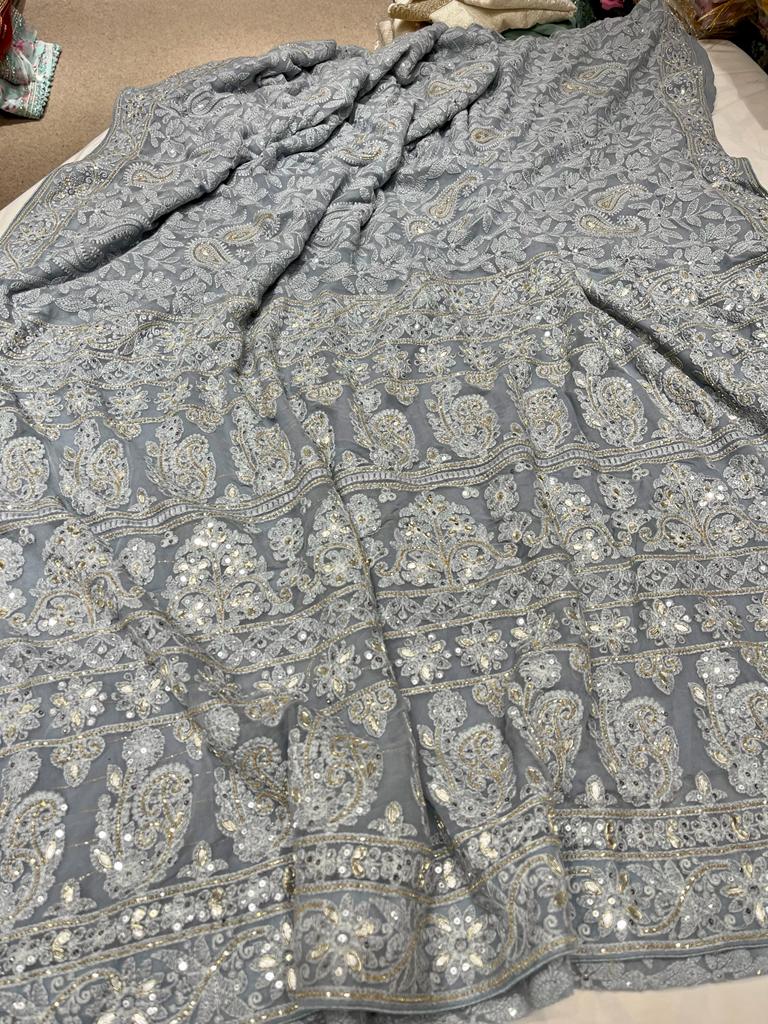 Mahira gorgette Chikankari saree - Saffronfashionindia