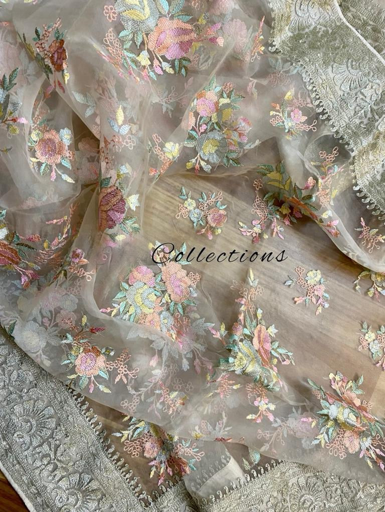 organza embroidery saree - Saffronfashionindia