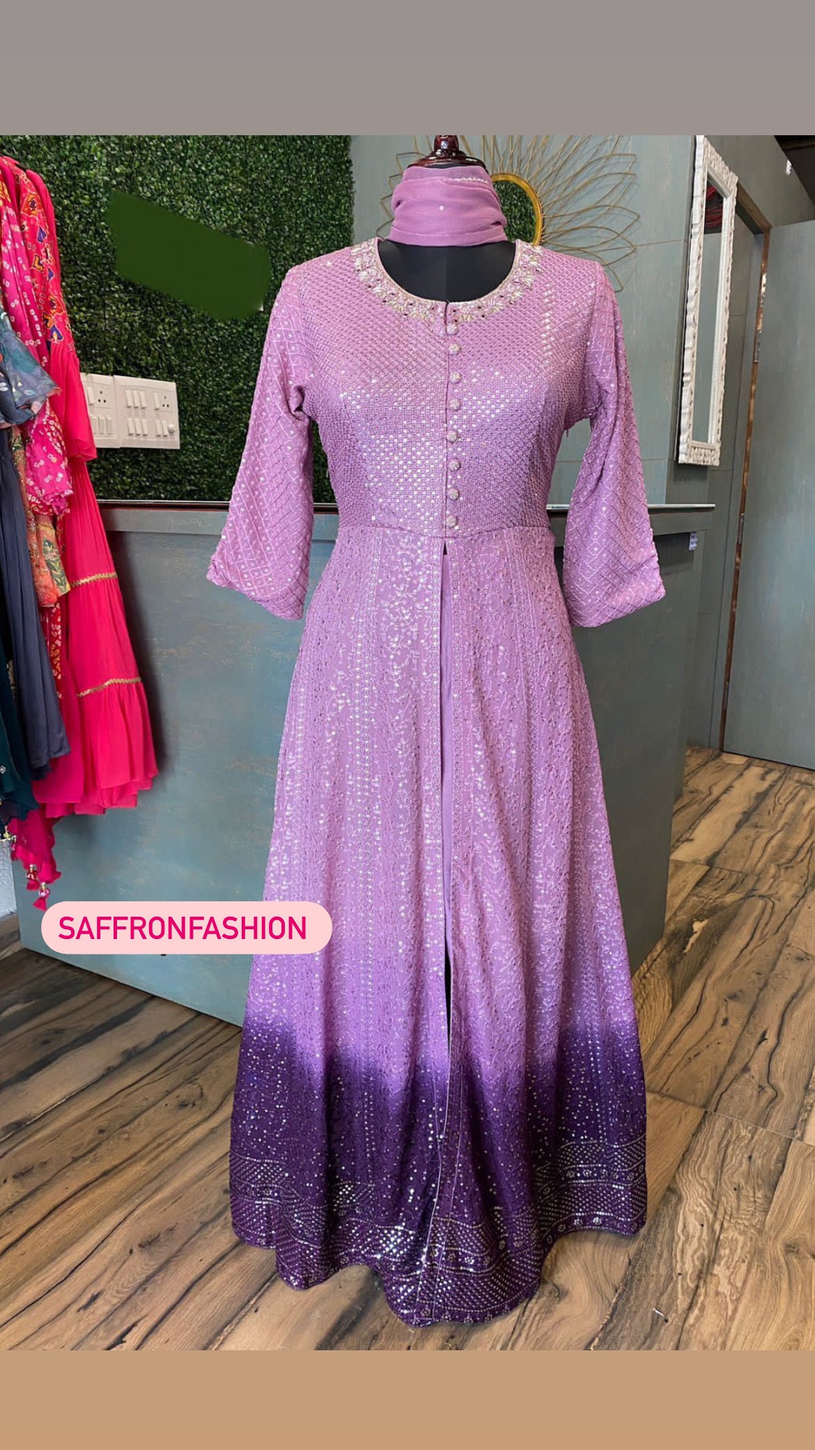 Lucknowi gorgette long dress - Saffronfashionindia