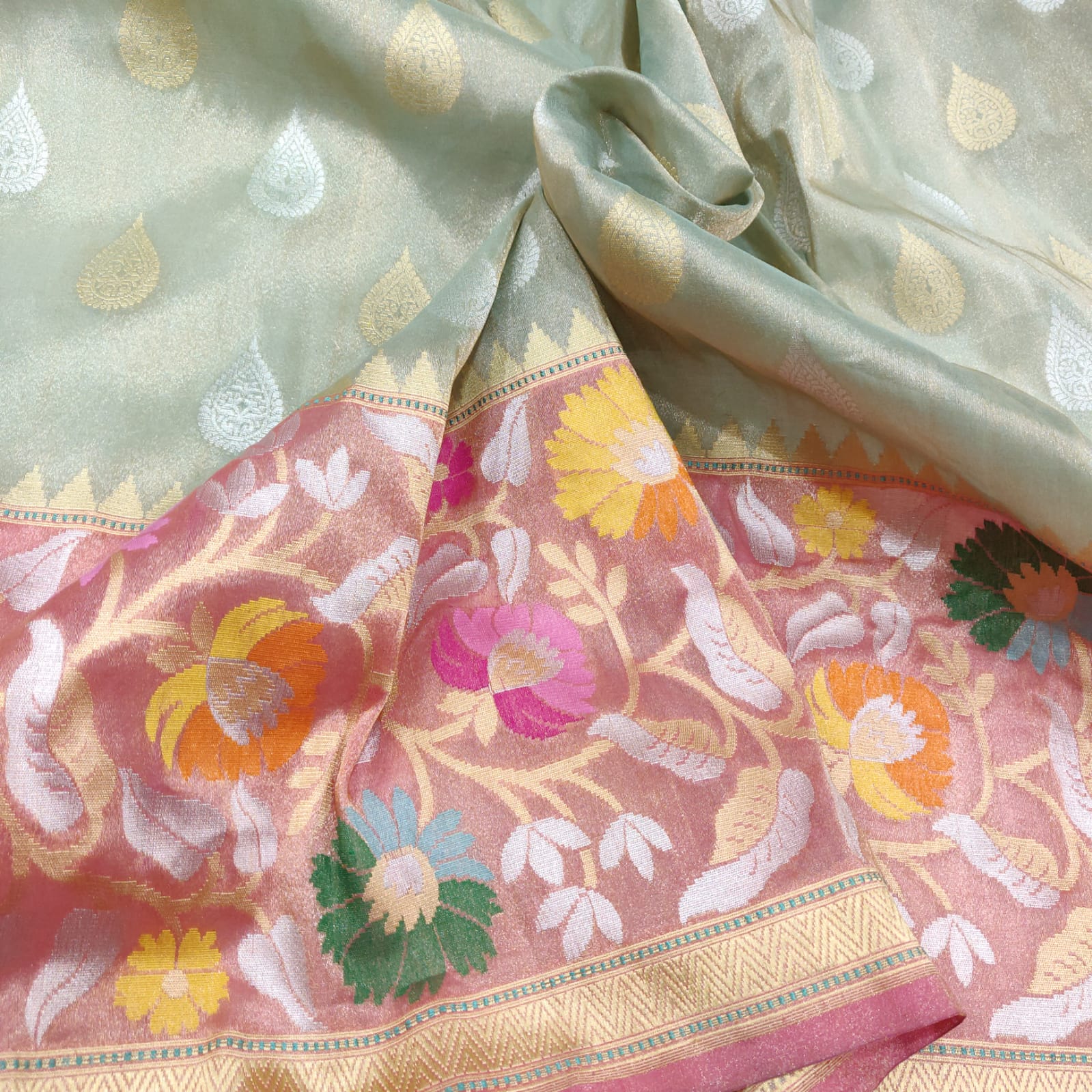 Tissue handwoven Katan saree - Saffronfashionindia