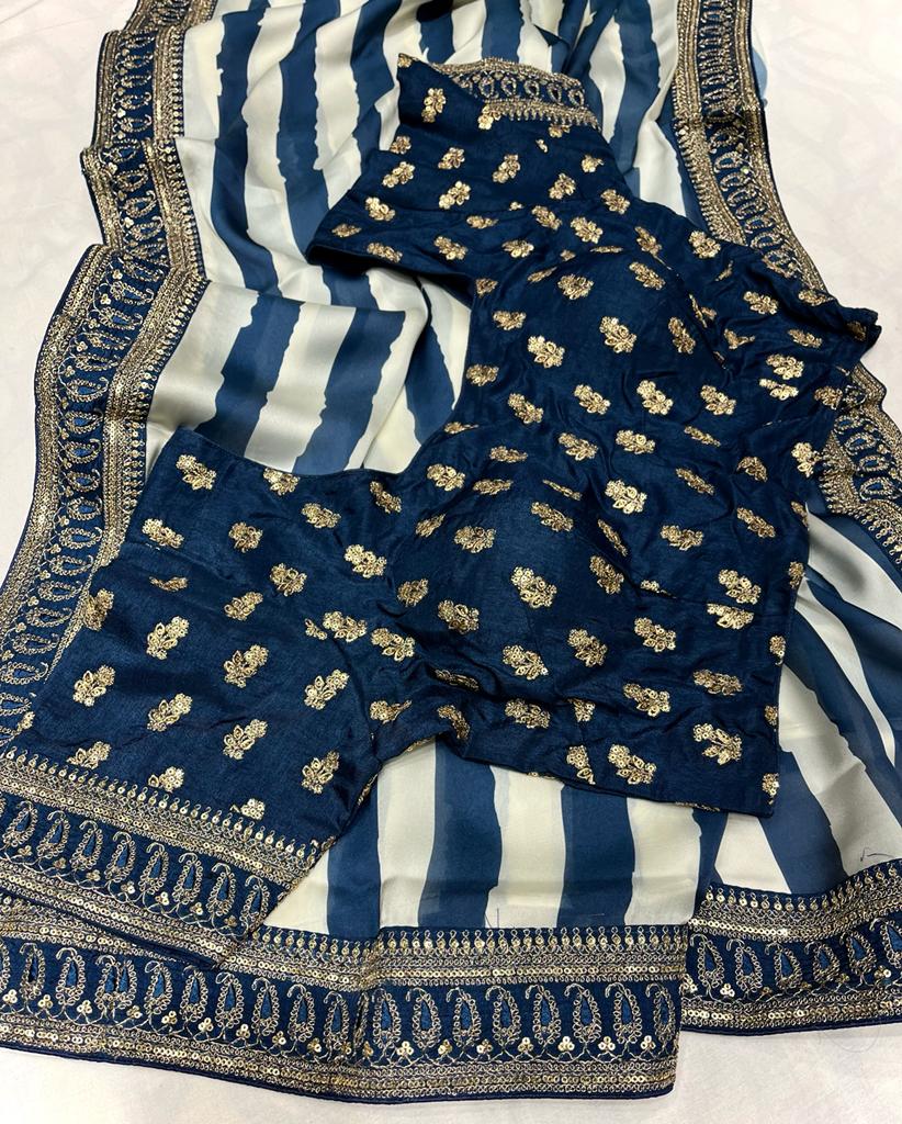 Satin striped zardosi saree - Saffronfashionindia