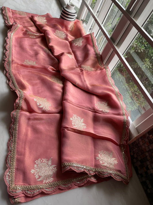 Peach munga saree - Saffronfashionindia