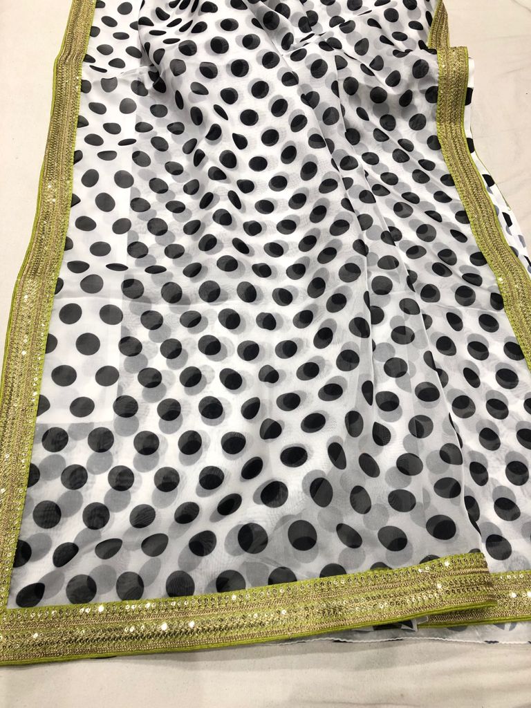 Zardosi bordered polka dot saree - Saffronfashionindia