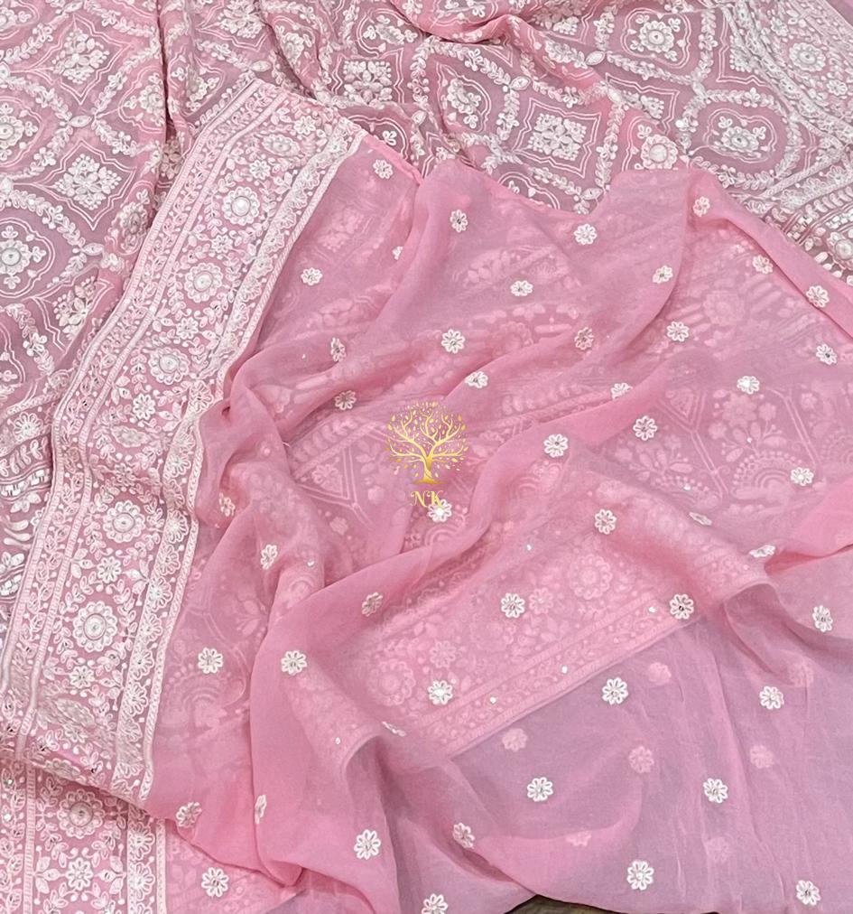 Pink beautiful Chikankari saree - Saffronfashionindia