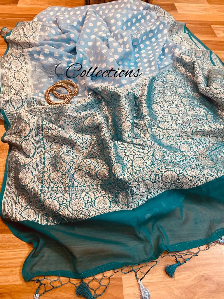 Noshina blue khaddi gorgette saree - Saffronfashionindia