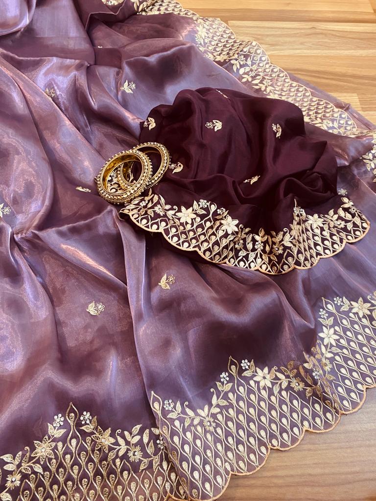 Purple tissue silk sari - Saffronfashionindia