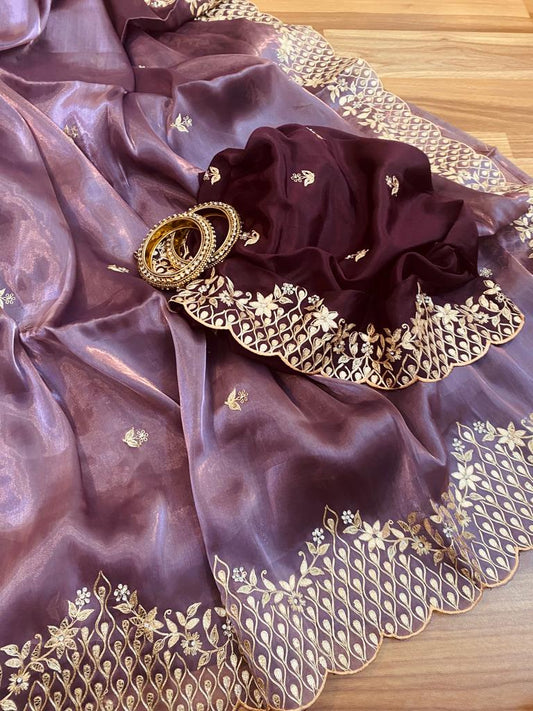 Purple tissue silk sari - Saffronfashionindia