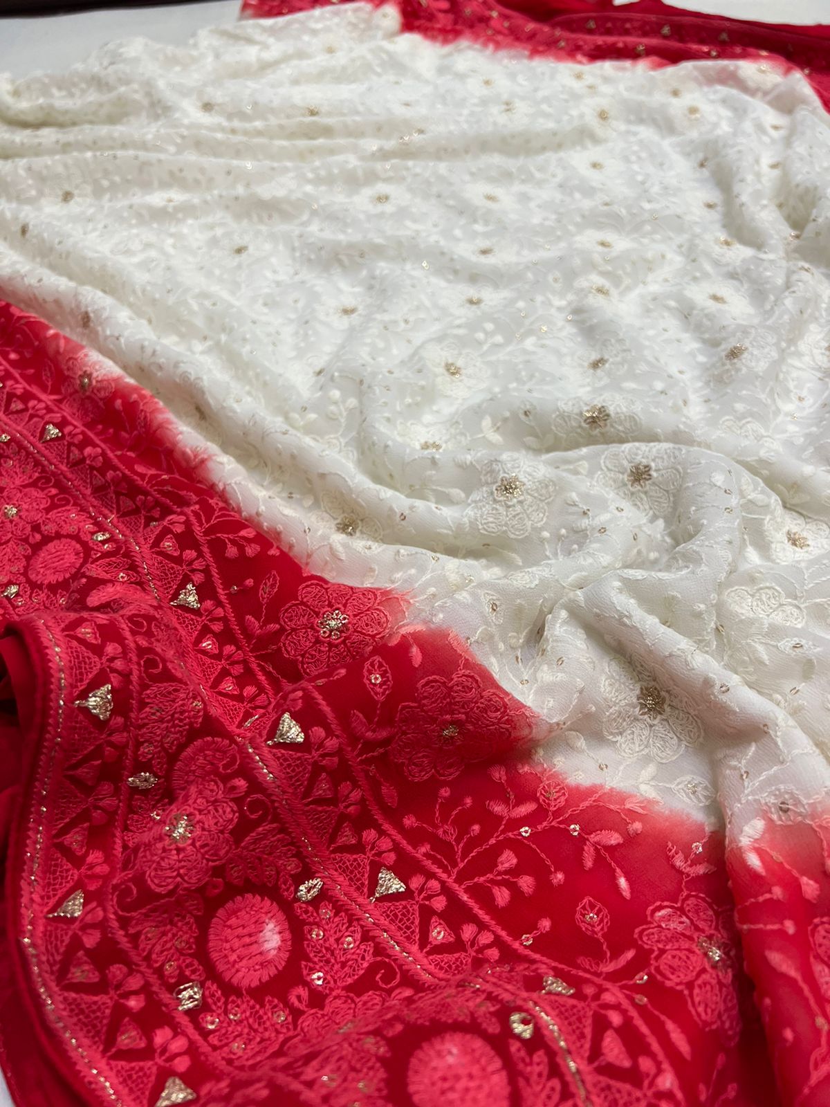 Chikankari gorgette saree - Saffronfashionindia