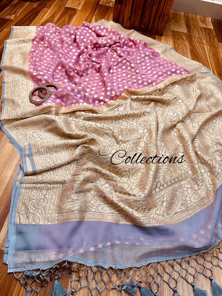 Pink Banarsi handwoven saree - Saffronfashionindia