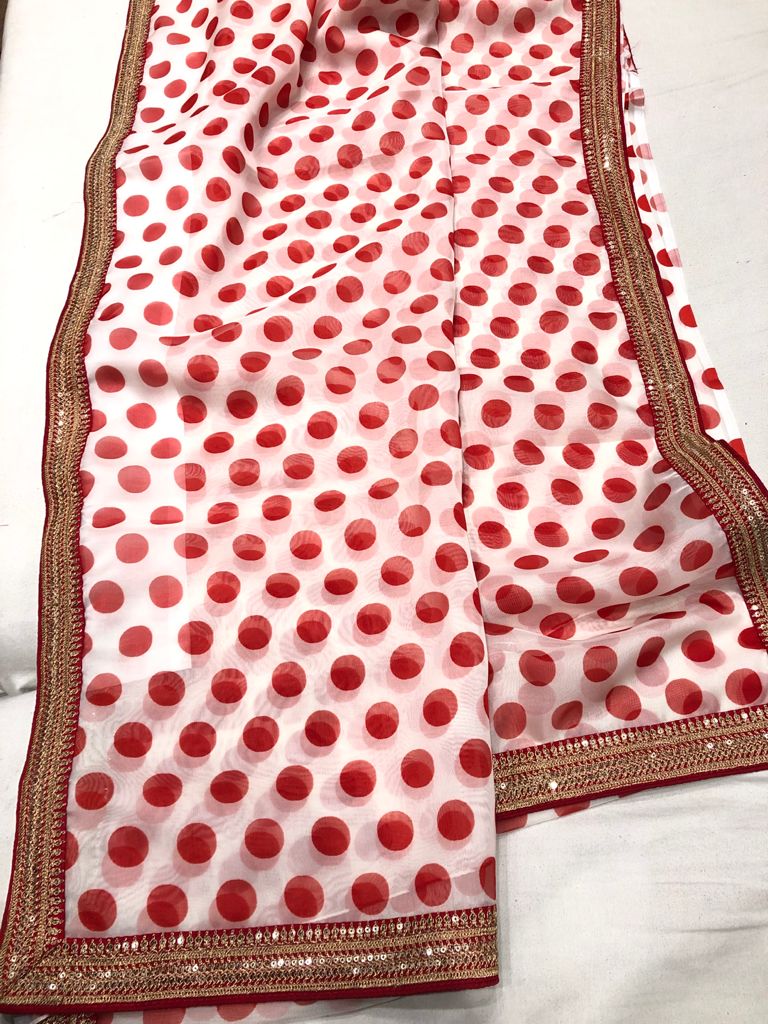 Zardosi bordered polka dot saree - Saffronfashionindia