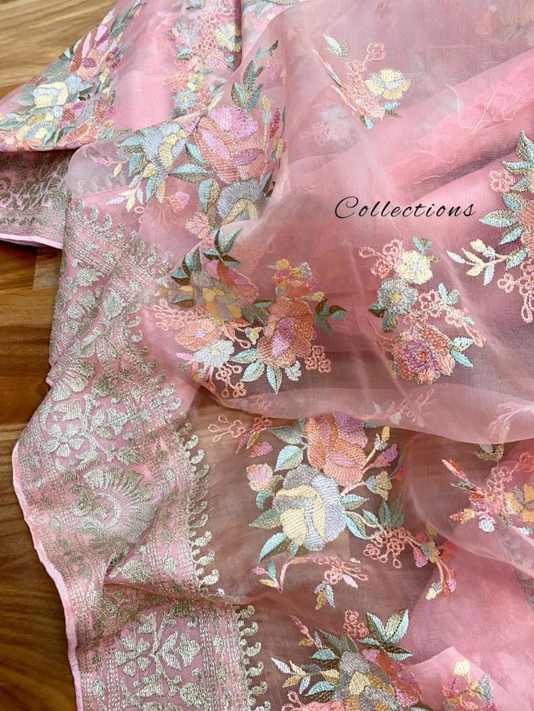 Pink organza embroidery saree - Saffronfashionindia