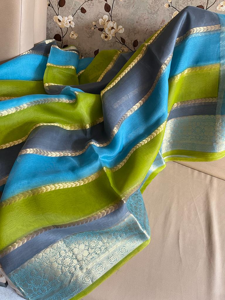 Striped kora banarsi saree - Saffronfashionindia