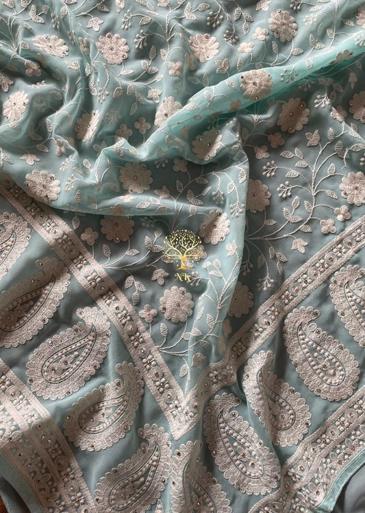 Naisha gorgette Chikankari saree - Saffronfashionindia