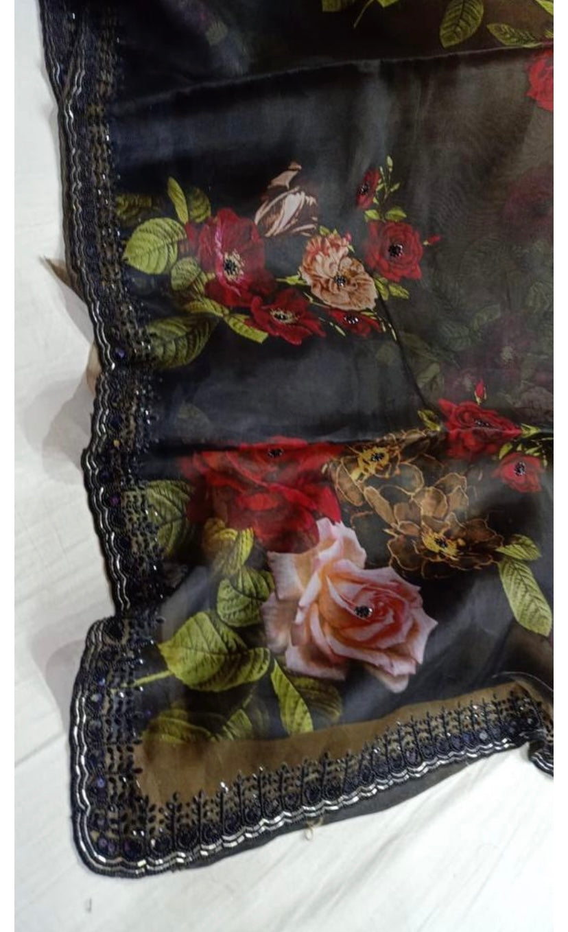 Black floral saree - Saffronfashionindia