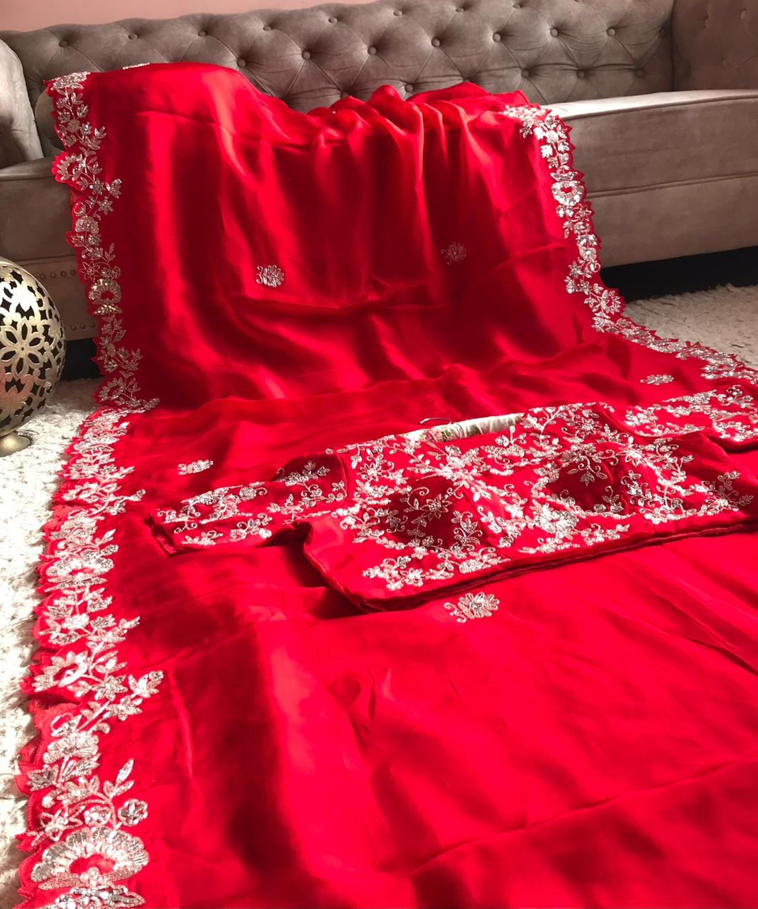 Red organza saree wedding saree blouse organza silk sari blouse SaffronFashion