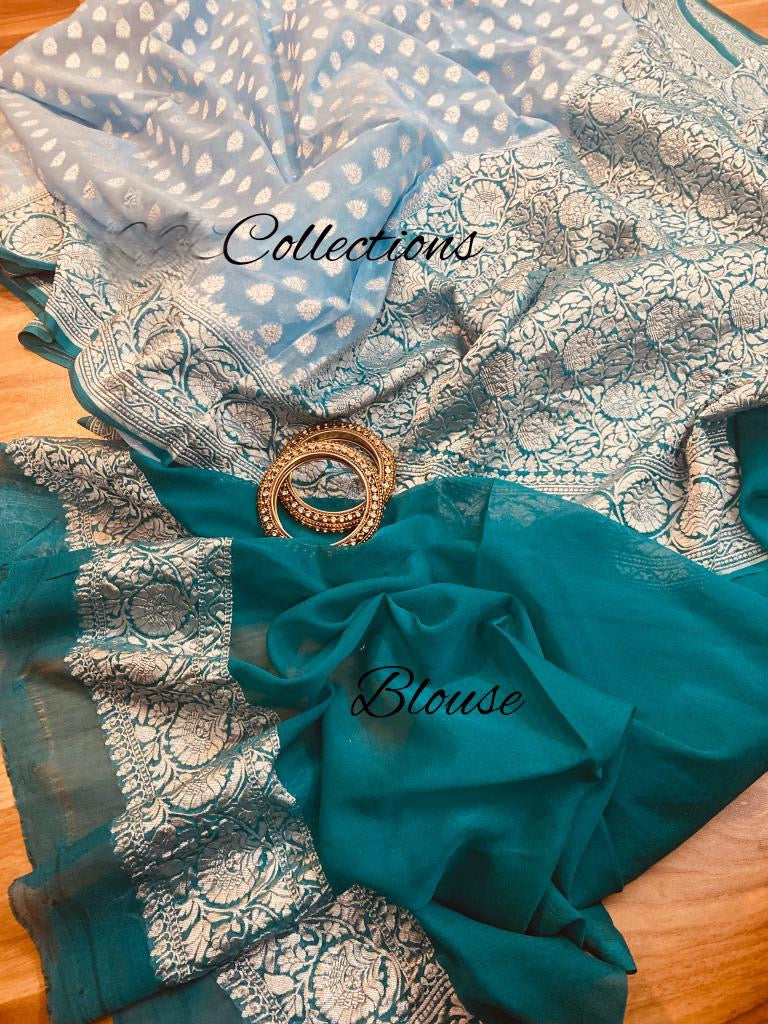 Noshina blue khaddi gorgette saree - Saffronfashionindia