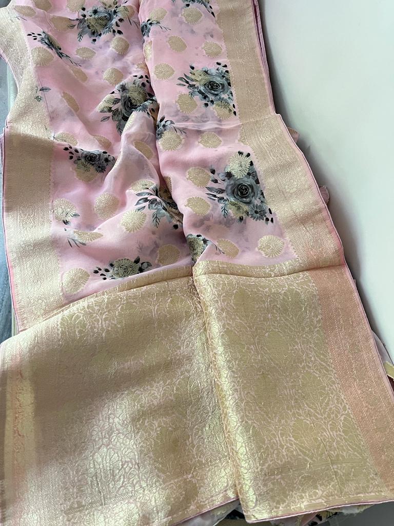 Vernia Banarsi gorgette sari Saffron fashion