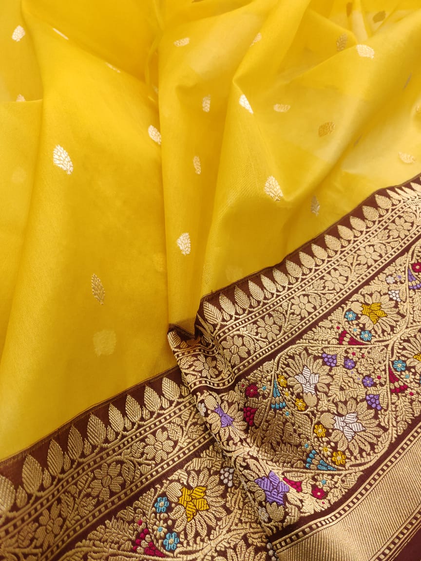Yellow banarsi handwoven saree - Saffronfashionindia
