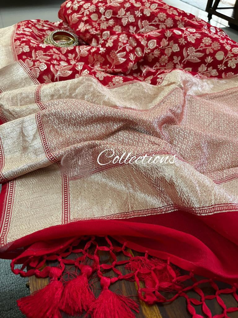 Leela red Banarsi weave saree - Saffronfashionindia