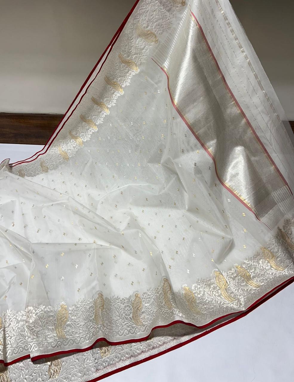 White Chanderi silk saree - Saffronfashionindia