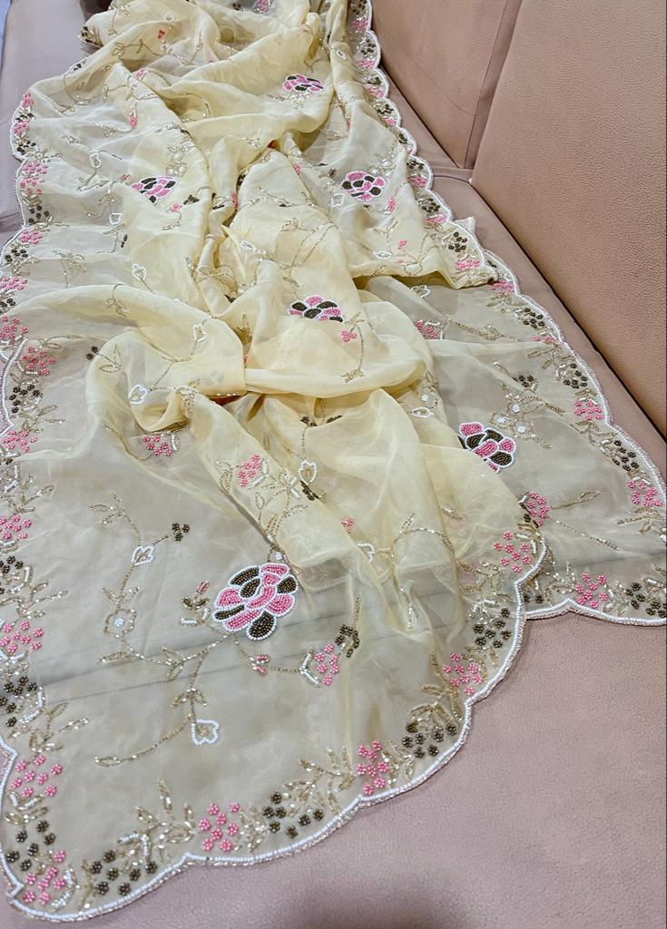 Pearl organza zardosi saree - Saffronfashionindia